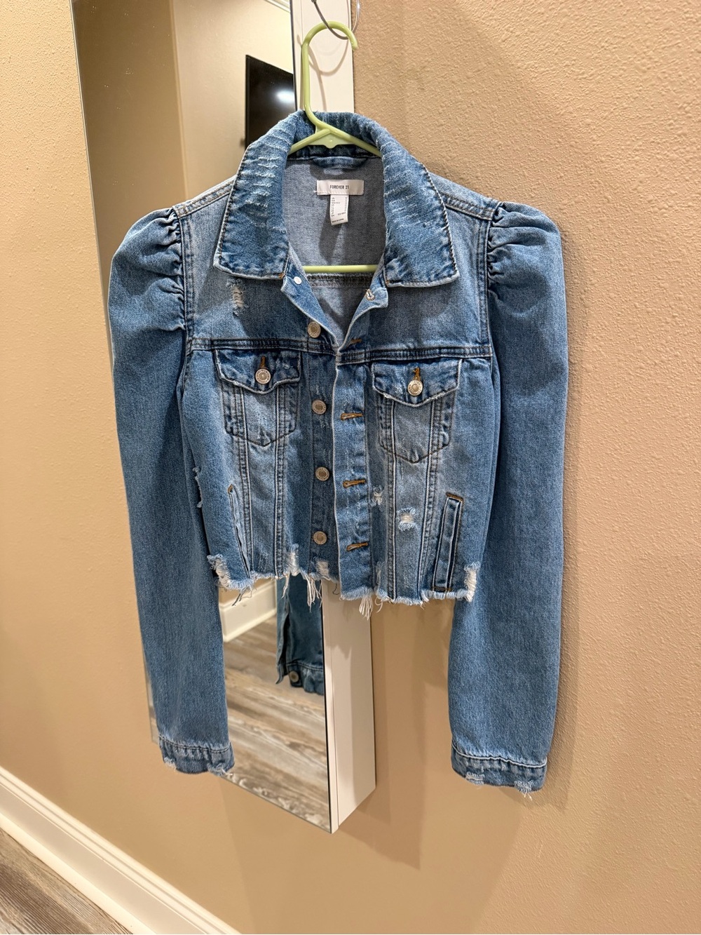 Forever 21 Light Blue Puff Shoulder Distressed Denim Jacket